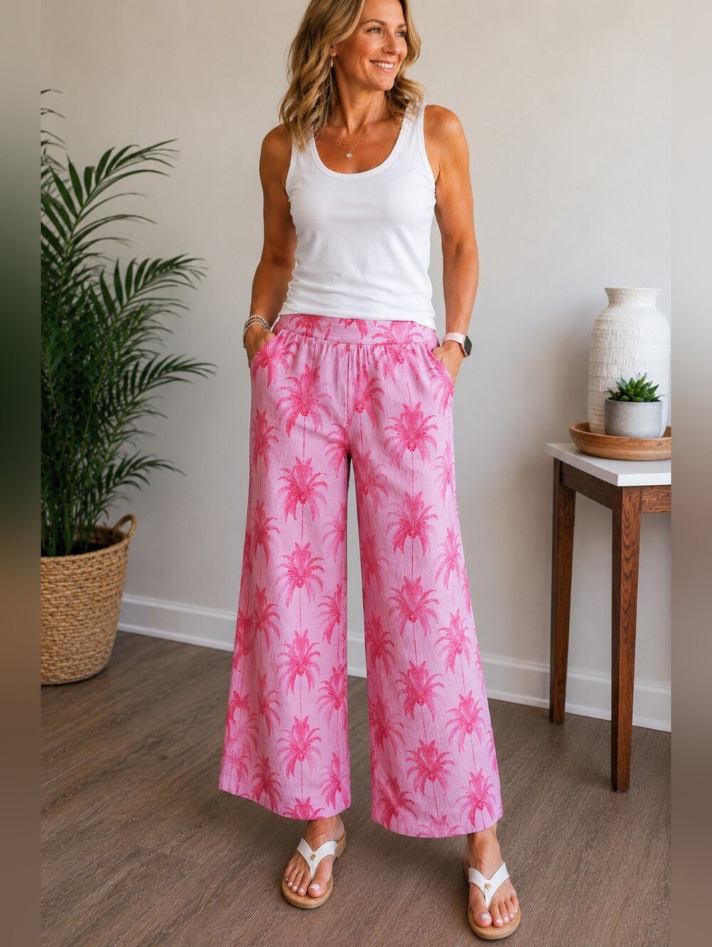 Tahari 100% Linen Pink Palm Print Wide Leg Crop Pants – Women’s Small